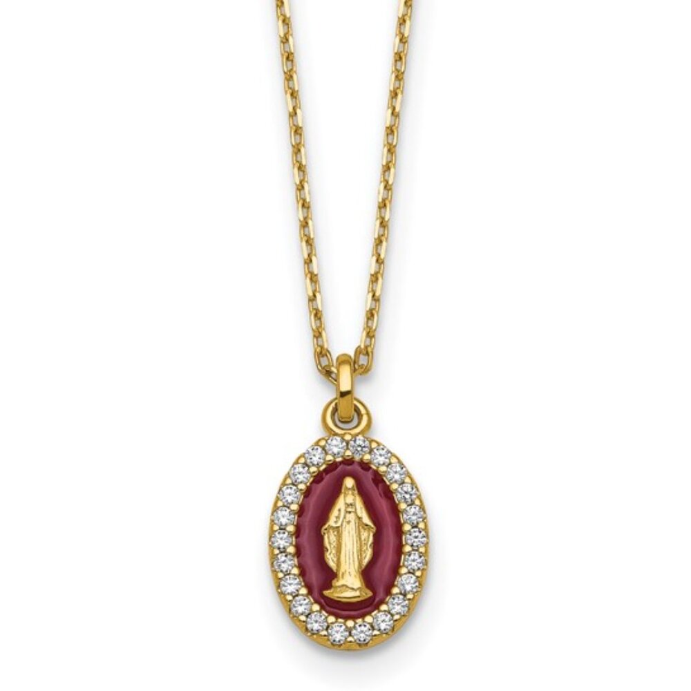 925 Sterling Silver GP CZ & Enamel Miraculous Medal Charm 15.75" Necklace